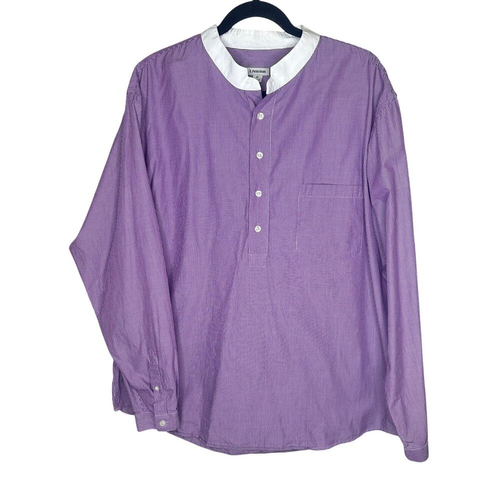 J Peterman Dress Shirt Mens XL Purple White Striped Long Sleeve Half Button